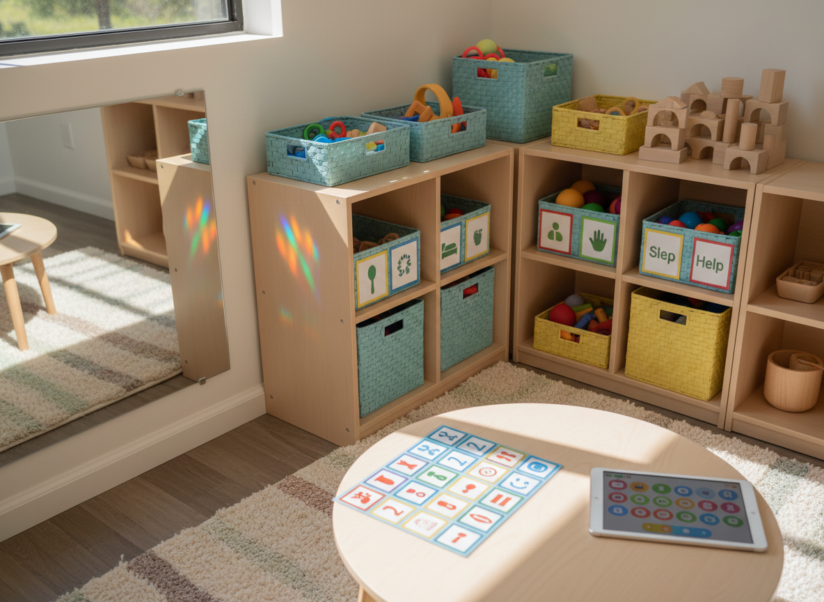 A bright playroom corner with open shelves displaying organized bins of sensory-safe toys, chunky building blocks, and visual communication aids using simple icons and colors instead of text. On a low table in the center, a laminated choice board and a small tablet with an icon-based communication app are propped up side by side. The floor is covered with a soft, neutral-toned mat featuring subtle rainbow accents along the edges. Sunlight filters through a side window, creating playful reflections on a nearby mirror panel. Photographic realism, captured from a child-height perspective, with a welcoming, inclusive mood that supports diverse autistic communication styles without feeling clinical or staged.