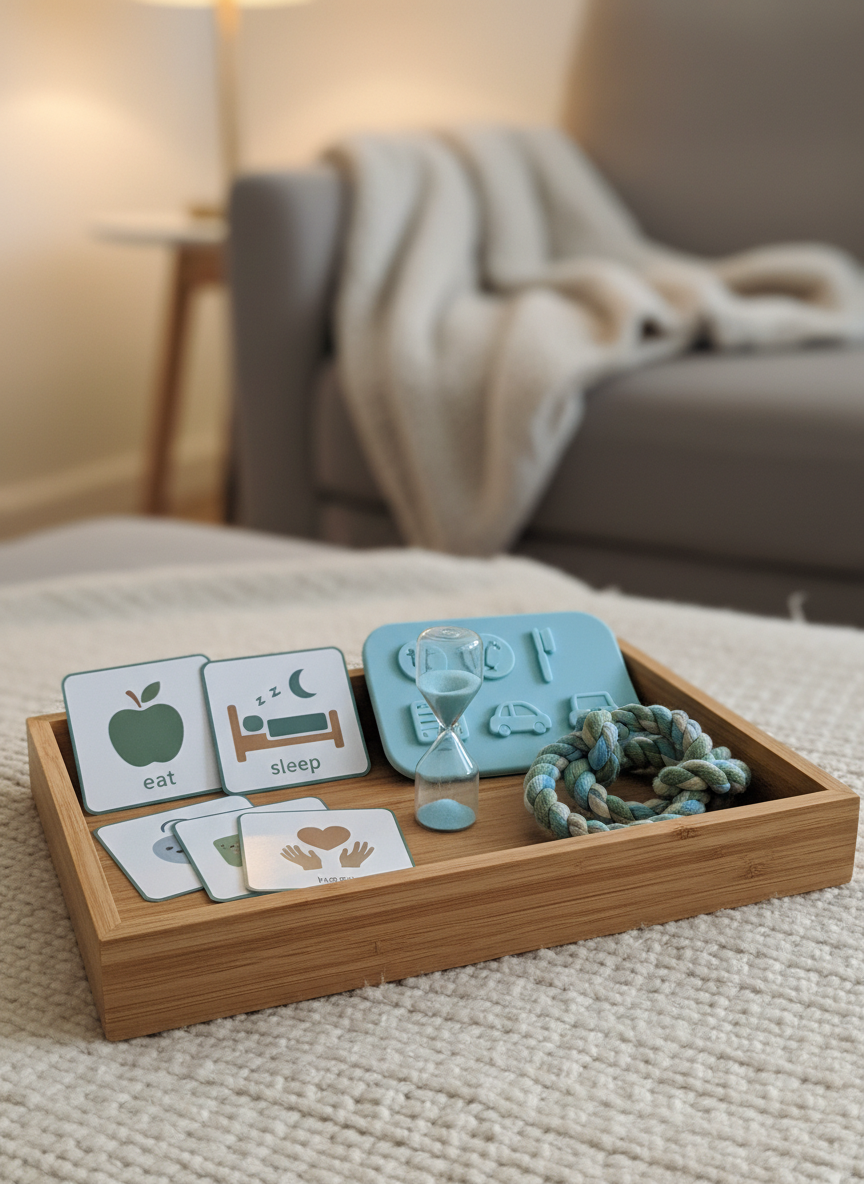 A close-up, photographic view of a set of autism communication tools neatly arranged in a shallow wooden tray on a soft fabric surface. There are laminated, non-text picture cards with simple illustrations, a smooth silicone communication board with raised icons, a small hourglass timer with calming blue sand, and a soft, braided fidget rope. The background fades into a gentle blur of a neutral-toned sofa and a woven throw blanket. Warm indoor lighting from a nearby lamp casts cozy, gentle shadows and subtle highlights on the smooth and textured surfaces. The composition is centered and intimate, conveying a sense of reassurance, practical support, and professional care in everyday family life.