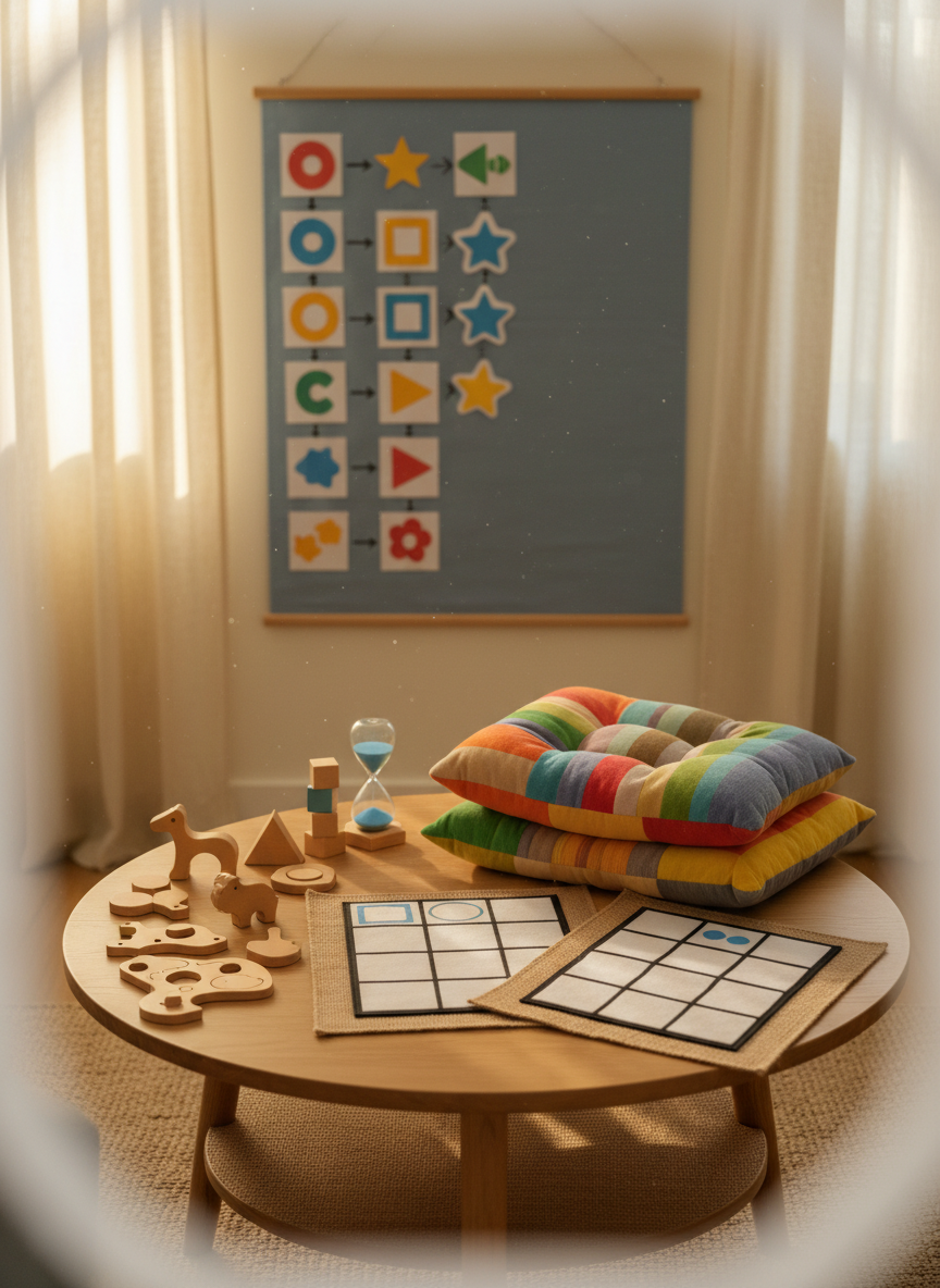 A cozy living room scene featuring a low coffee table arranged with a mix of tactile learning tools: smooth wooden puzzles, textured communication boards without text, a small sand timer, and a soft, rainbow-colored weighted cushion folded neatly. In the background, a fabric-covered bulletin board displays pinned visual schedules made of shapes and icons rather than words. Natural morning light filters through sheer curtains, giving the space a gentle, diffused glow. Photographic realism captured from a slightly elevated angle, with warm colors and soft focus on the edges, creating an atmosphere of patient guidance, everyday practicality, and supportive parenting for autistic communication and development.