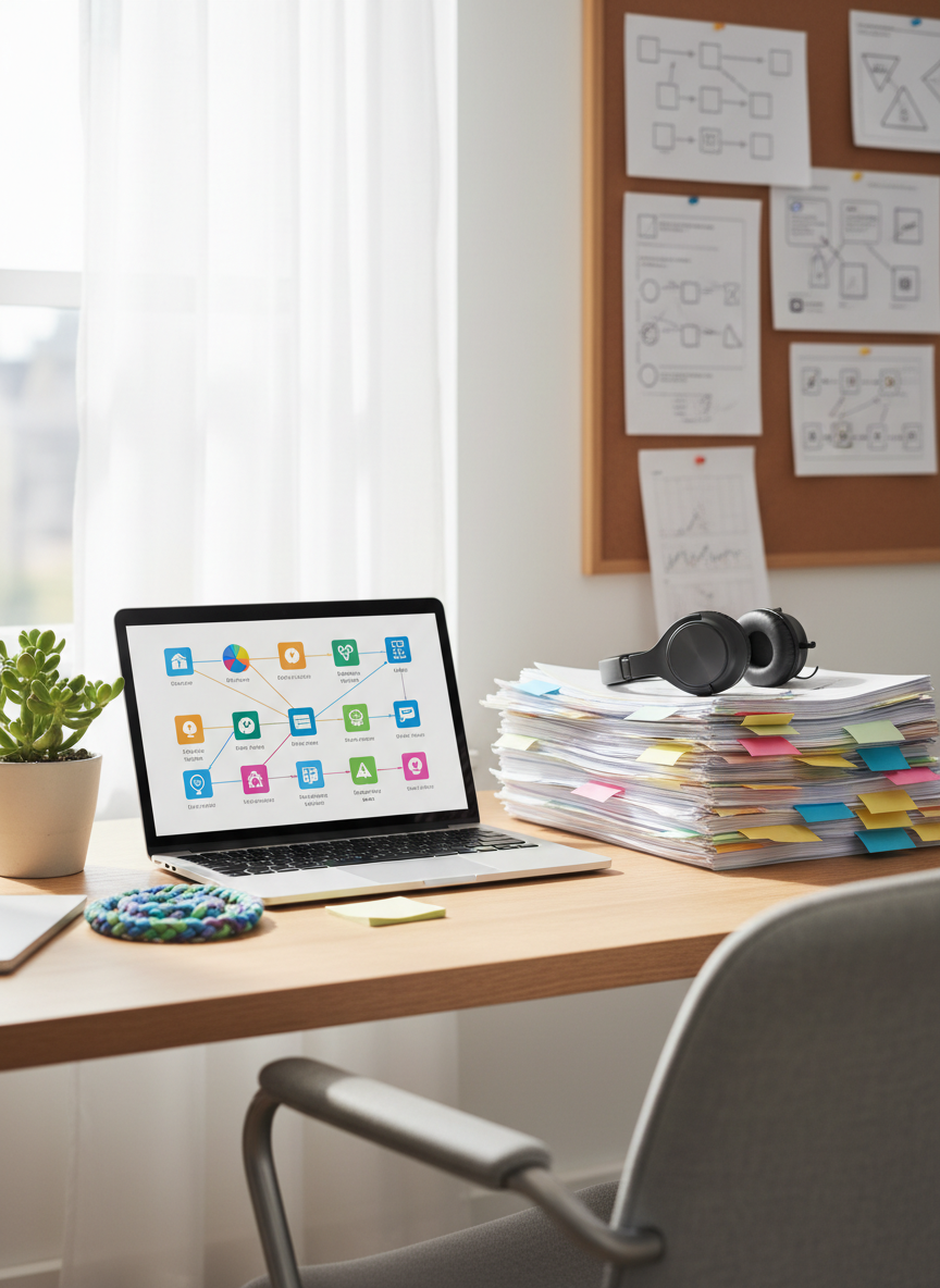 A modern, sunlit home office desk set up for autism communication research and planning. An open laptop displays a colorful, icon-based chart (no readable text), surrounded by neatly stacked research papers marked with pastel sticky notes, noise-cancelling headphones, and a small tactile fidget object made of braided fabric. A potted plant adds greenery near the monitor, and a corkboard in the background is covered with diagrams of communication strategies illustrated only with shapes and arrows. Soft, indirect daylight from a nearby window creates a calm, focused ambiance. Photographic realism, shot from an eye-level angle with balanced composition, emphasizing professional expertise combined with everyday parenting practicality.