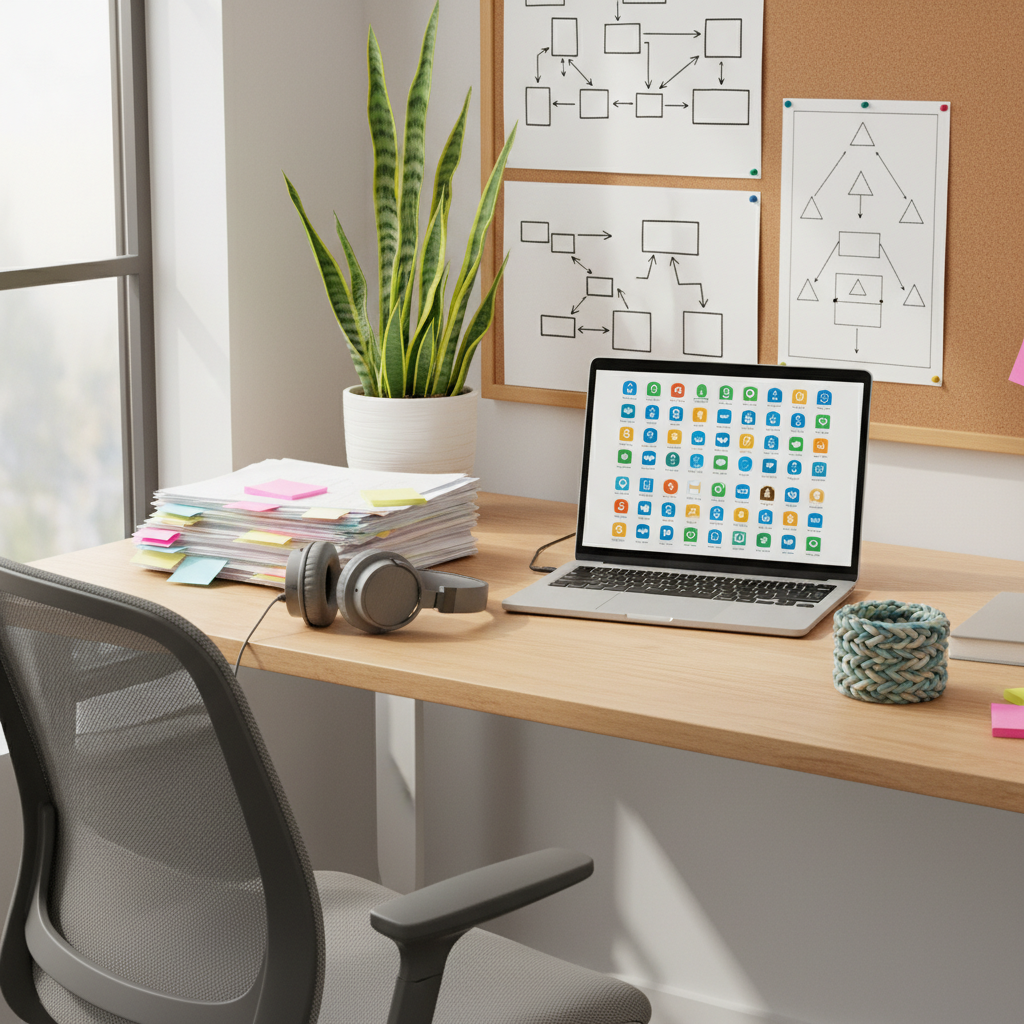 A modern, sunlit home office desk set up for autism communication research and planning. An open laptop displays a colorful, icon-based chart (no readable text), surrounded by neatly stacked research papers marked with pastel sticky notes, noise-cancelling headphones, and a small tactile fidget object made of braided fabric. A potted plant adds greenery near the monitor, and a corkboard in the background is covered with diagrams of communication strategies illustrated only with shapes and arrows. Soft, indirect daylight from a nearby window creates a calm, focused ambiance. Photographic realism, shot from an eye-level angle with balanced composition, emphasizing professional expertise combined with everyday parenting practicality.