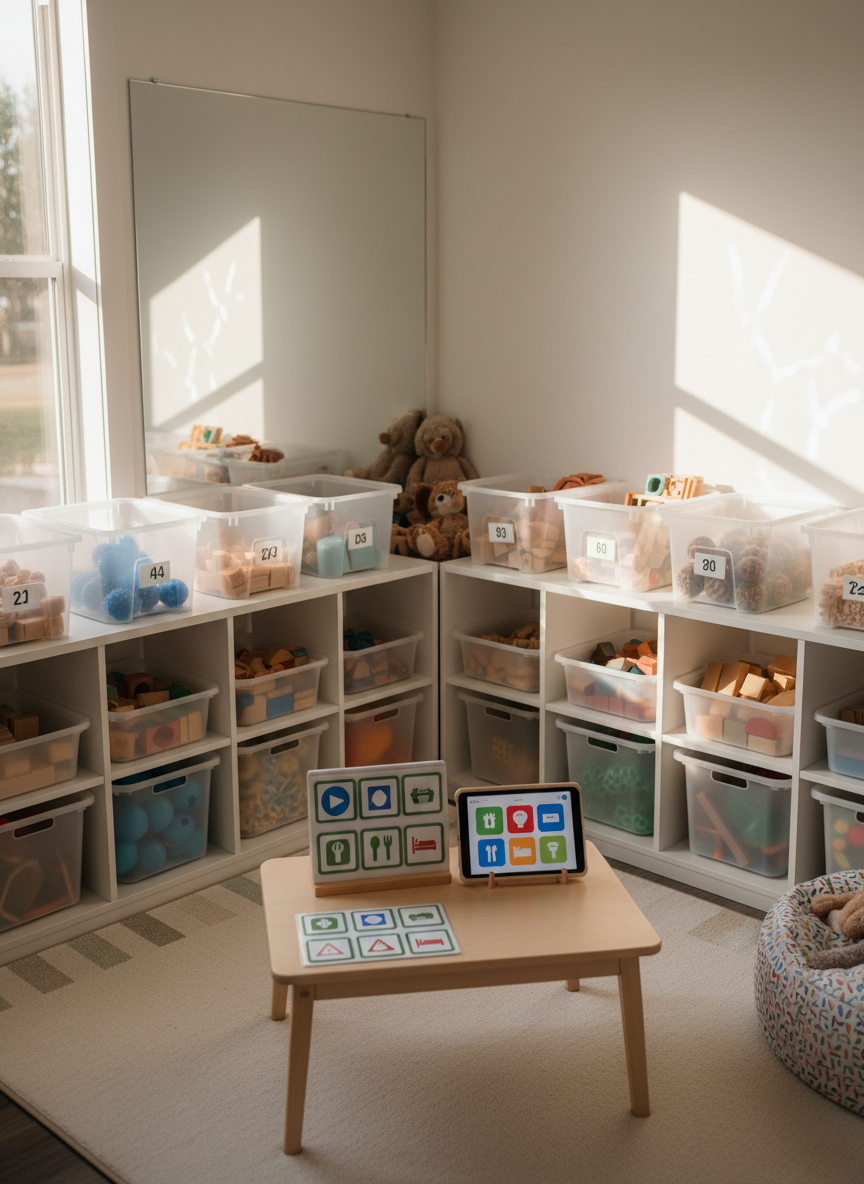 A bright playroom corner with open shelves displaying organized bins of sensory-safe toys, chunky building blocks, and visual communication aids using simple icons and colors instead of text. On a low table in the center, a laminated choice board and a small tablet with an icon-based communication app are propped up side by side. The floor is covered with a soft, neutral-toned mat featuring subtle rainbow accents along the edges. Sunlight filters through a side window, creating playful reflections on a nearby mirror panel. Photographic realism, captured from a child-height perspective, with a welcoming, inclusive mood that supports diverse autistic communication styles without feeling clinical or staged.