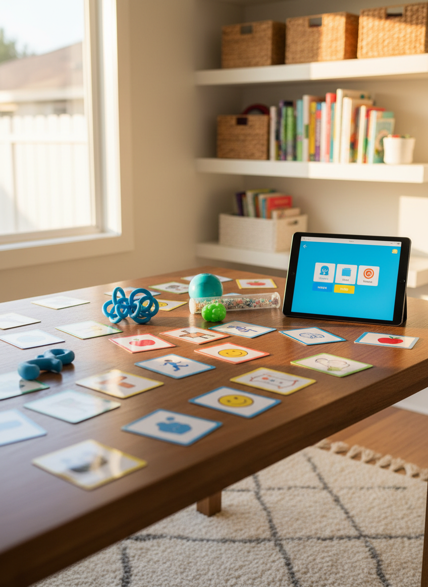 A neat wooden dining table transformed into an autism-friendly communication corner, covered with colorful, non-text picture cards, small sensory toys, and a tablet showing a simple, icon-based communication app. A soft woven rug lies beneath the table, and shelves with neatly organized baskets and books line the background. Warm afternoon sunlight pours through a nearby window, creating gentle highlights on the tablet screen and the glossy picture cards while casting soft shadows under the objects. Photographic realism at eye level, with a shallow depth of field that keeps the table in sharp focus and the background slightly blurred, creating a calm, welcoming, and professional atmosphere suited for parent education on autism communication at home.