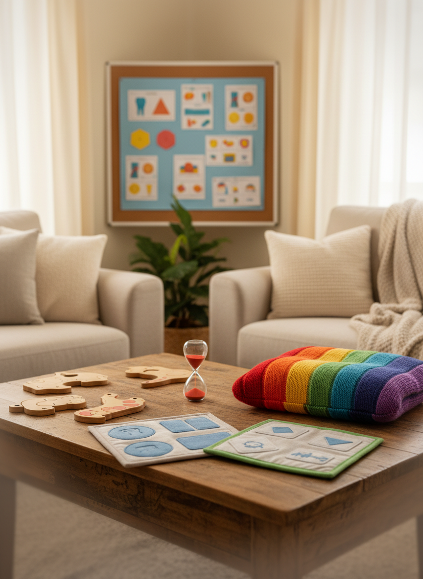 A cozy living room scene featuring a low coffee table arranged with a mix of tactile learning tools: smooth wooden puzzles, textured communication boards without text, a small sand timer, and a soft, rainbow-colored weighted cushion folded neatly. In the background, a fabric-covered bulletin board displays pinned visual schedules made of shapes and icons rather than words. Natural morning light filters through sheer curtains, giving the space a gentle, diffused glow. Photographic realism captured from a slightly elevated angle, with warm colors and soft focus on the edges, creating an atmosphere of patient guidance, everyday practicality, and supportive parenting for autistic communication and development.