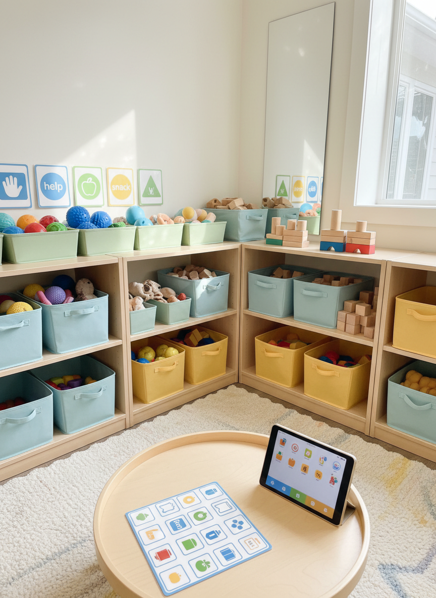 A bright playroom corner with open shelves displaying organized bins of sensory-safe toys, chunky building blocks, and visual communication aids using simple icons and colors instead of text. On a low table in the center, a laminated choice board and a small tablet with an icon-based communication app are propped up side by side. The floor is covered with a soft, neutral-toned mat featuring subtle rainbow accents along the edges. Sunlight filters through a side window, creating playful reflections on a nearby mirror panel. Photographic realism, captured from a child-height perspective, with a welcoming, inclusive mood that supports diverse autistic communication styles without feeling clinical or staged.