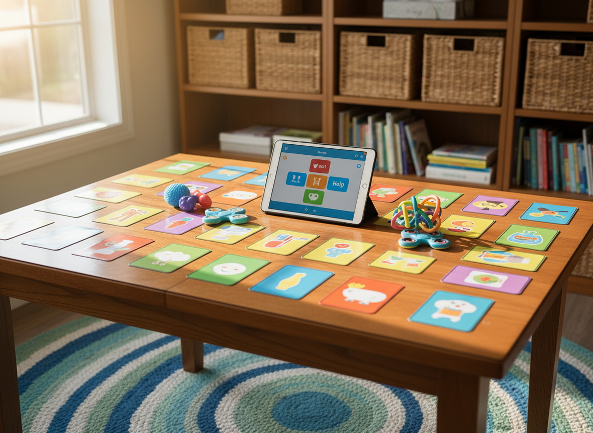 A neat wooden dining table transformed into an autism-friendly communication corner, covered with colorful, non-text picture cards, small sensory toys, and a tablet showing a simple, icon-based communication app. A soft woven rug lies beneath the table, and shelves with neatly organized baskets and books line the background. Warm afternoon sunlight pours through a nearby window, creating gentle highlights on the tablet screen and the glossy picture cards while casting soft shadows under the objects. Photographic realism at eye level, with a shallow depth of field that keeps the table in sharp focus and the background slightly blurred, creating a calm, welcoming, and professional atmosphere suited for parent education on autism communication at home.