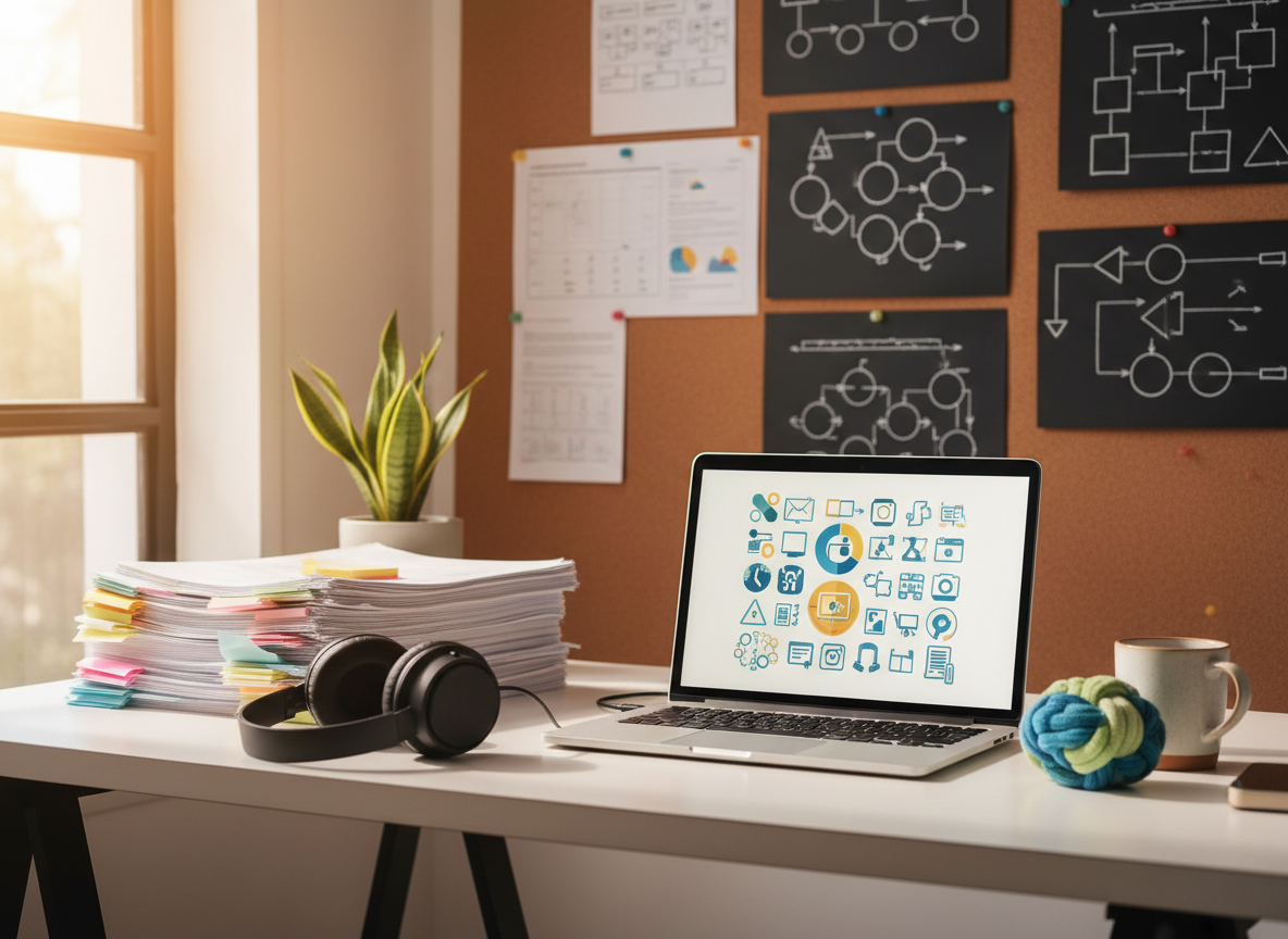 A modern, sunlit home office desk set up for autism communication research and planning. An open laptop displays a colorful, icon-based chart (no readable text), surrounded by neatly stacked research papers marked with pastel sticky notes, noise-cancelling headphones, and a small tactile fidget object made of braided fabric. A potted plant adds greenery near the monitor, and a corkboard in the background is covered with diagrams of communication strategies illustrated only with shapes and arrows. Soft, indirect daylight from a nearby window creates a calm, focused ambiance. Photographic realism, shot from an eye-level angle with balanced composition, emphasizing professional expertise combined with everyday parenting practicality.