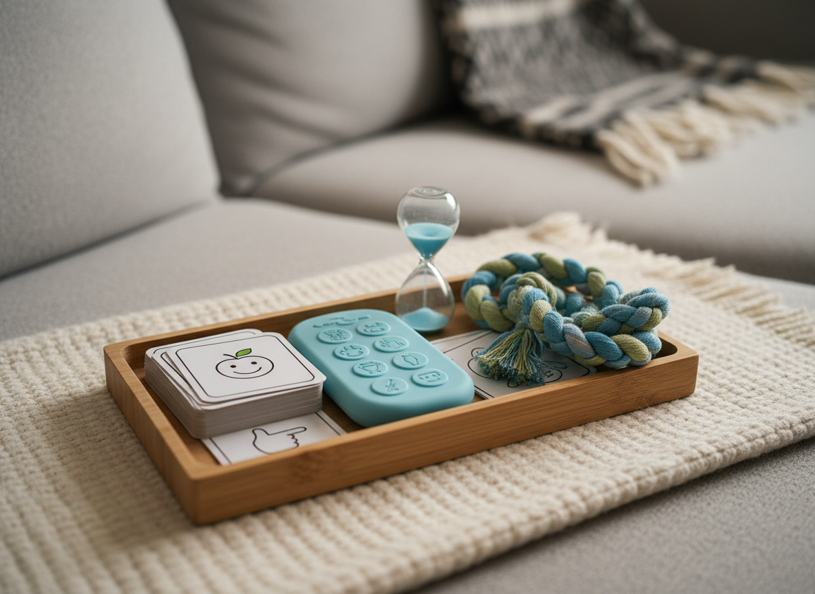 A close-up, photographic view of a set of autism communication tools neatly arranged in a shallow wooden tray on a soft fabric surface. There are laminated, non-text picture cards with simple illustrations, a smooth silicone communication board with raised icons, a small hourglass timer with calming blue sand, and a soft, braided fidget rope. The background fades into a gentle blur of a neutral-toned sofa and a woven throw blanket. Warm indoor lighting from a nearby lamp casts cozy, gentle shadows and subtle highlights on the smooth and textured surfaces. The composition is centered and intimate, conveying a sense of reassurance, practical support, and professional care in everyday family life.