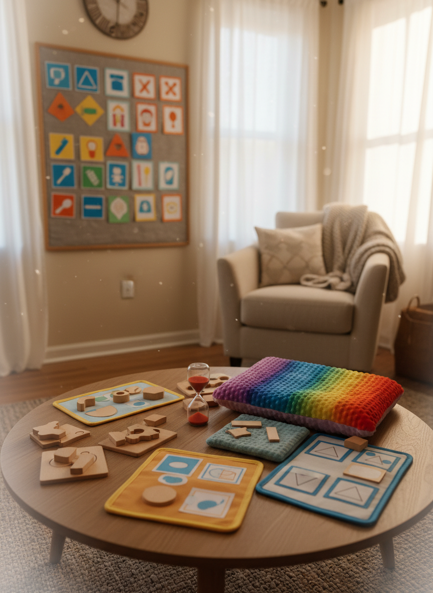 A cozy living room scene featuring a low coffee table arranged with a mix of tactile learning tools: smooth wooden puzzles, textured communication boards without text, a small sand timer, and a soft, rainbow-colored weighted cushion folded neatly. In the background, a fabric-covered bulletin board displays pinned visual schedules made of shapes and icons rather than words. Natural morning light filters through sheer curtains, giving the space a gentle, diffused glow. Photographic realism captured from a slightly elevated angle, with warm colors and soft focus on the edges, creating an atmosphere of patient guidance, everyday practicality, and supportive parenting for autistic communication and development.